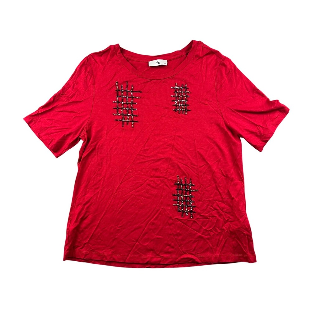 Faik Sönmez Art T-Shirt Women XS Red Beaded Grid Hashtag Design Viscose Workwear
